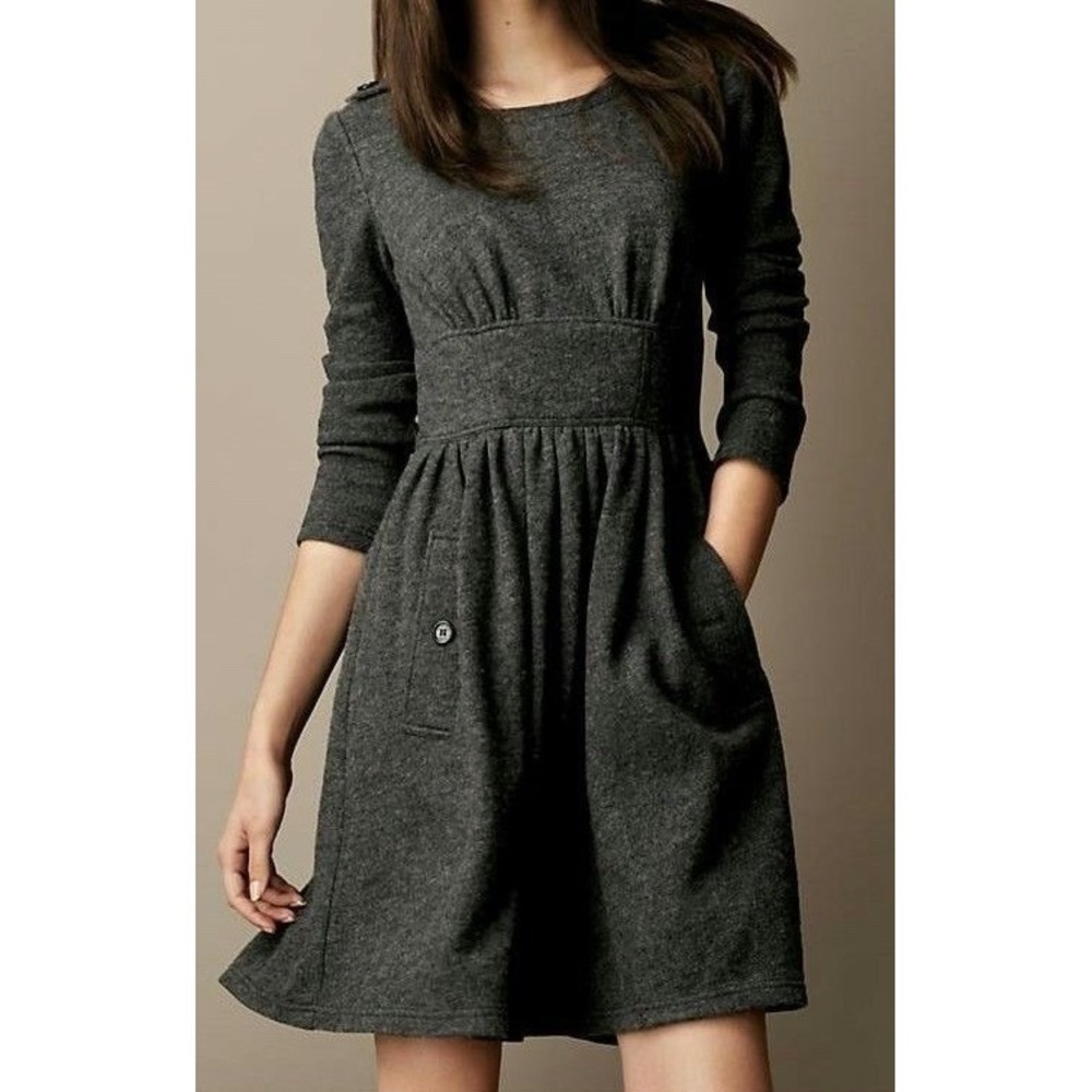 Burberry Brit Dress Womens Size 2 Grey 100% Wool Long‎ Sleeve Dress